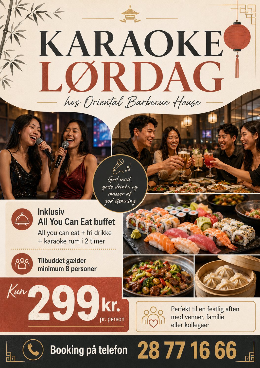 Reklame for Karaoke Night lørdag med All You Can Eat & Drink til kun 299 kr. hos Oriental barbecue house